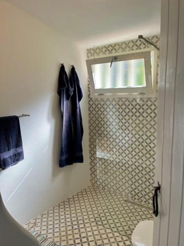 a bathroom with a shower with a toilet and a sink at Casa Nela in Odeceixe