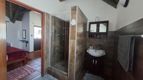 a bathroom with a shower and a sink at Shelley Point Townhouse in Stompneusbaai