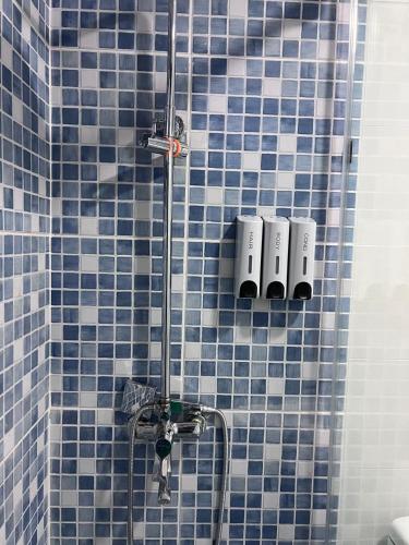 a blue tiled shower with two rolls of toilet paper at Bijoc 01 Apartment in San Felipe de Puerto Plata