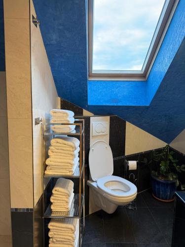 ein Badezimmer mit Toilette, Fenster und Handtüchern in der Unterkunft Villa Barte nähe Outlet Parndorf in Pachfurth