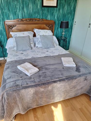 a bed with two towels and a cat sitting on it at Chambre calme et agréable in Replonges