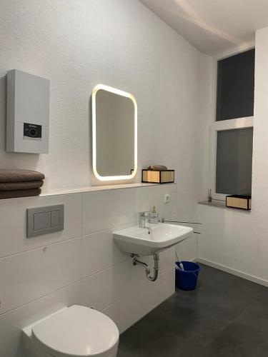 a bathroom with a sink and a toilet and a mirror at Ferienwohnung Alina in Werne an der Lippe