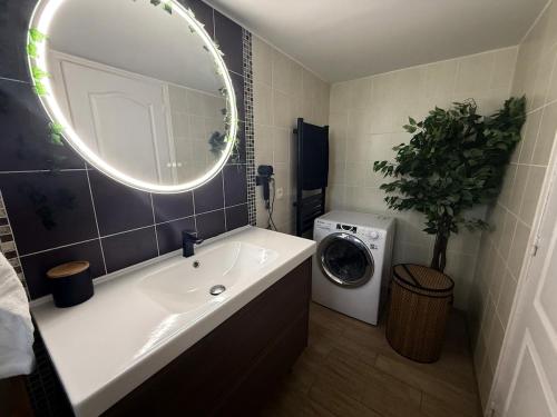 a bathroom with a sink and a washing machine at Jacuzzi privatif Appartement premium Vendôme in Vendôme