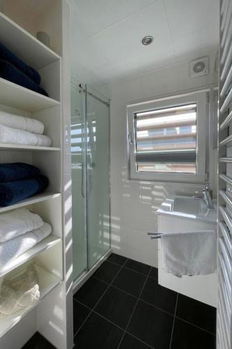 a bathroom with a shower and a sink and towels at Floatinghouse Heaven on Earth in Klitten