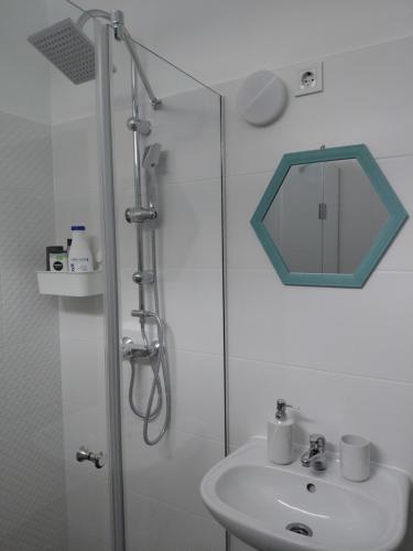 a bathroom with a sink and a shower with a mirror at Duna Kuckó in Mohács