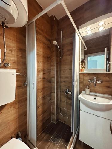 a bathroom with a shower and a toilet and a sink at Stone Garden Residence in Budva