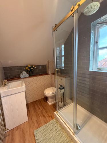 a bathroom with a shower and a toilet at Little Lemon in Reydon