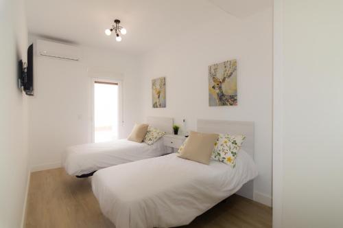 two beds in a room with white walls at Apartamentos Turísticos Penadés in Tomelloso
