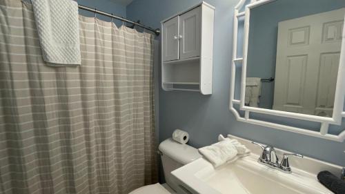 a bathroom with a sink and a toilet and a mirror at The Sands in New Buffalo