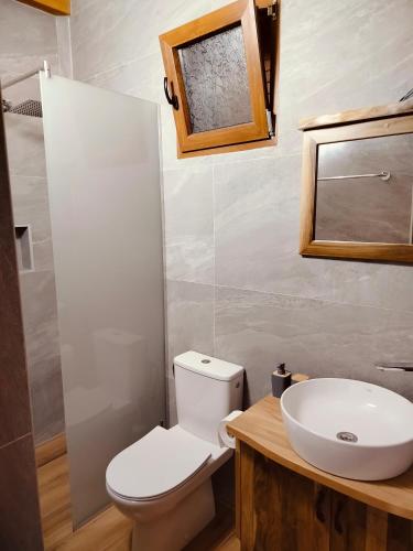 a bathroom with a white toilet and a sink at Small Stone Cottage in Virpazar