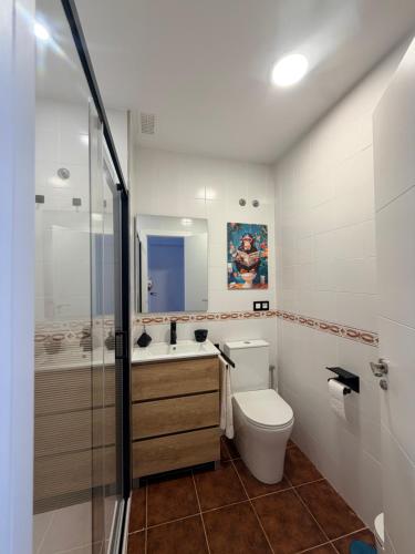 a bathroom with a toilet and a sink and a shower at Brisa de la Barrosa in Novo Sancti Petri