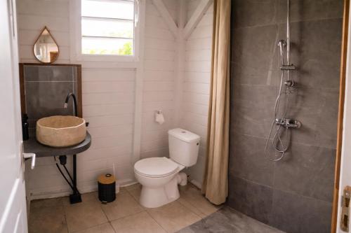 a bathroom with a toilet and a sink and a shower at Coco'Living - Gîtes de standing partagés in Gourbeyre