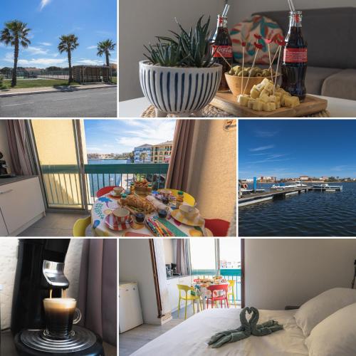 a collage of photos with a view of the water at Escapade Marine - Vue Etang - Place de parking privé - Plage à 5 min in Le Barcarès