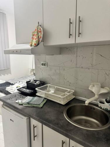 a kitchen counter with a sink and a dish rack at Vila Cirkovic - 200m od mermernog setalista in Soko Banja