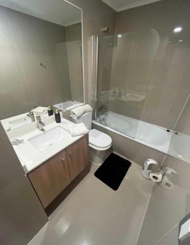 a bathroom with a sink and a toilet and a tub at Laurel de oro in Chillán