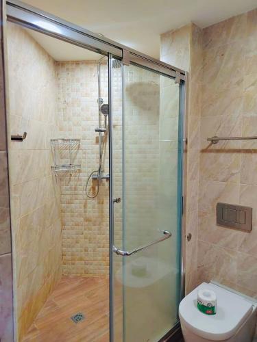 a bathroom with a glass shower with a toilet at Republic square LUXURY with balcony in Yerevan