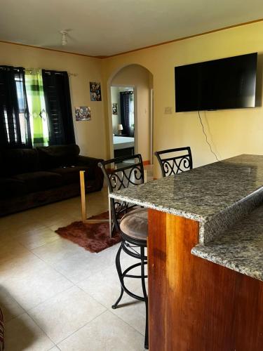 a living room with a bar with chairs and a television at Leemclean gated vacation home in Spanish Town