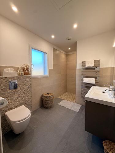 a bathroom with a toilet and a sink at Entire house 6 guests Mountain view in Luri