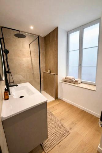 a bathroom with a white sink and a shower at Le Salon des Voyageurs - Appartement Climatisé avec Terrasse et Parking Gratuit à Proximité in Dole