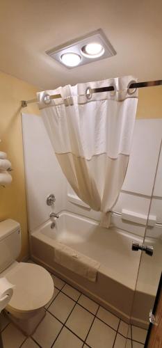 a bathroom with a toilet and a shower with a curtain at Days Inn by Wyndham Victorville - Hesperia I-15 Palmdale Road in Victorville