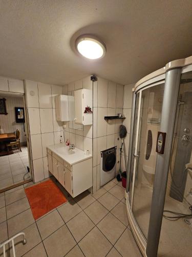a bathroom with a sink and a shower in it at Billet Junior in Fredrikstad