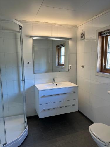a bathroom with a sink and a mirror and a toilet at 2 bedroom apartment with beautiful view in Sauda