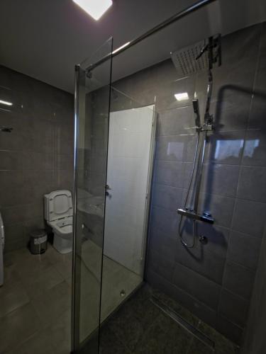 a bathroom with a glass shower and a toilet at Sense Loft in Leskovac
