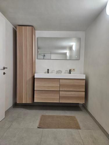 a bathroom with a sink and a mirror at B&B Crijbohoeve in Zutendaal
