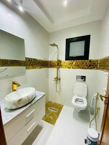 a bathroom with a toilet and a sink and a mirror at Villa SAM in Fafou
