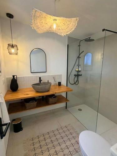 a bathroom with a sink and a shower at Caseddu Corse - Maison Typique in Cauro