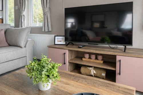 a living room with a flat screen tv on a entertainment center at NEW 2025 Modern 3Bedrooms Lodge Walk to Beach in Morecambe