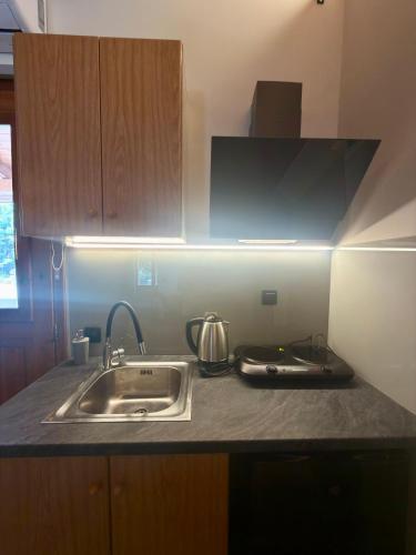 a kitchen counter with a sink and a stove at Kyriakos Apartments in Politika