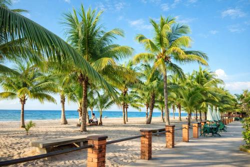 a beach with palm trees and benches and the ocean at H Boutique Blessed in Tela