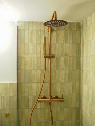 a shower with a shower head in a bathroom at Hotel Tall de Conill in Capellades