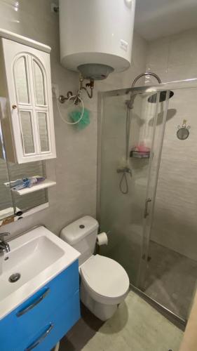 a bathroom with a toilet and a shower and a sink at Relaxing House in Lever