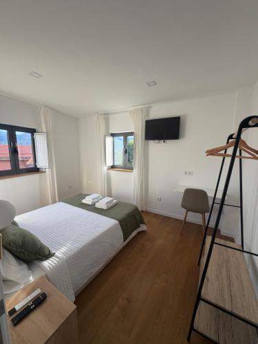 a bedroom with a bed and a television and a ladder at Quinta do Passal - Country house in Parada de Ester