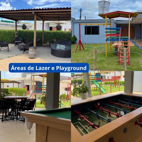 a collage of pictures of a playground with a pool table at Casa com Piscina - Condomínio - Próx a Praia in Marechal Deodoro