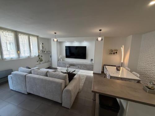 a living room with a couch and a tv at Le Contemporain in Troyes