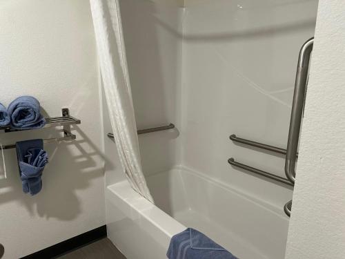 a bathroom with a bath tub and a shower curtain at The Grove Inn and Suites in Eagle Grove