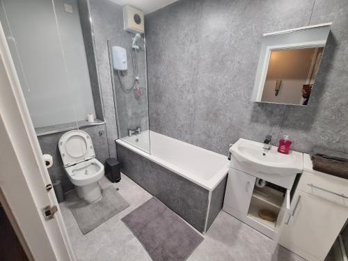 a bathroom with a toilet and a tub and a sink at Mailbox and Broad St in Birmingham