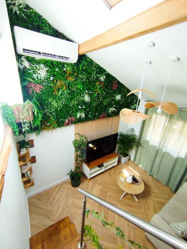 an overhead view of a living room with a green wall at Le Perchoir de Linas, filet suspendu, appartement cosy in Linas