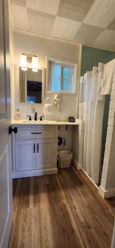 a bathroom with a sink and a mirror at Fjordline Lodge in Hoodsport