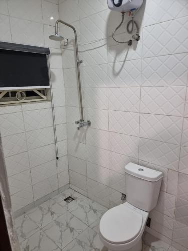 a white bathroom with a toilet and a shower at OD-VICK'S PLUSH STUDIOS, Utako in Abuja