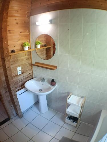 a bathroom with a sink and a mirror at Le Havre Sylvestre Séjour nature avec piscine in Mauroux