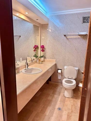 a bathroom with a white toilet and a sink at Suites Edificio Akros in Quito