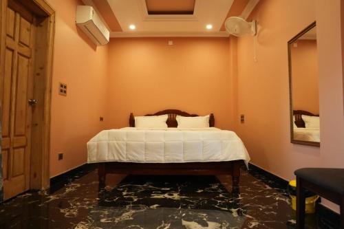 a bedroom with a bed and a mirror at JPR Heritage Villa in Pondicherry