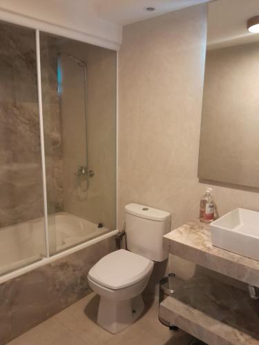 a bathroom with a toilet and a shower and a sink at Apart hotel GAVA in Encarnación