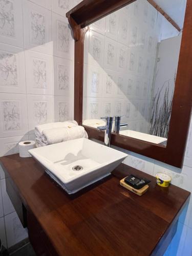 a bathroom with a white sink and a mirror at El Descanso del Quijote in Riñinahue