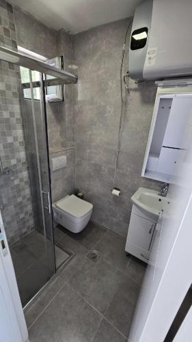a bathroom with a shower and a toilet and a sink at Apartman Triton in Ulcinj