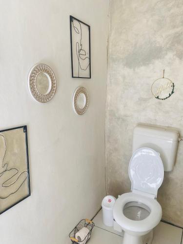 a bathroom with a toilet and pictures on the wall at Panorama Lupilor in Coleşti